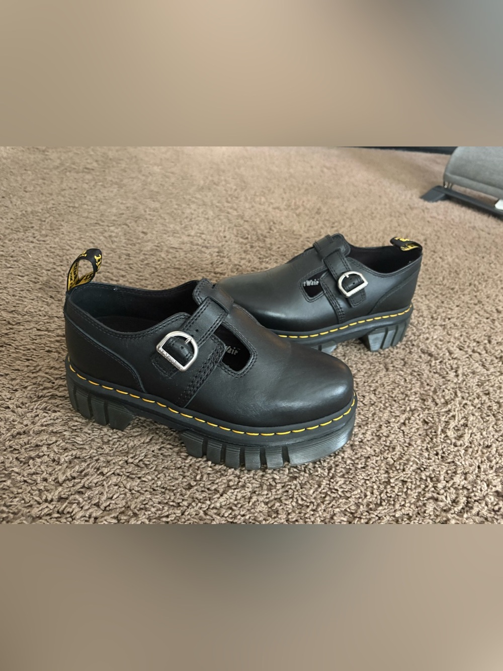 Dr. Martens Black Mary Jane Platform Shoes with Yellow Stitching